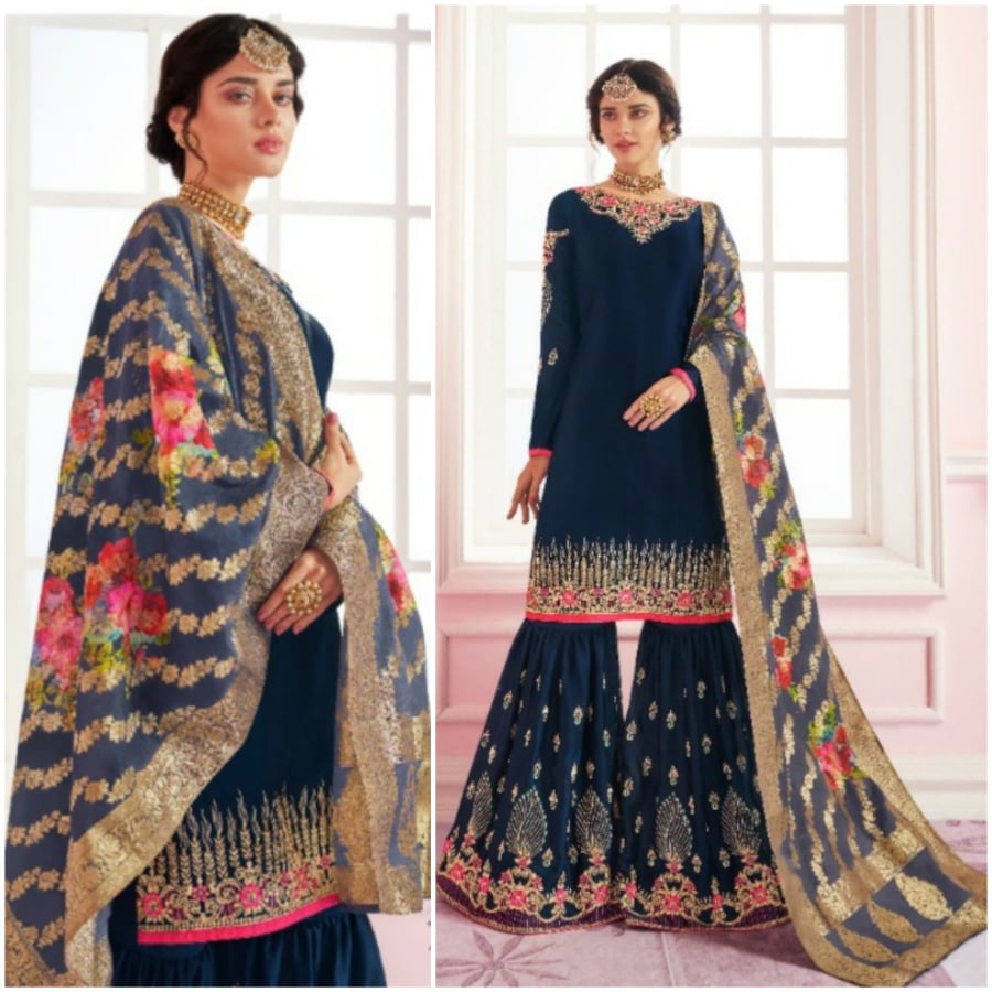 Georgette Semi Stitched Suit Wedding Season Essential Soft Fabric Traditional Style Modern Look Versatile Styling Dark Blue