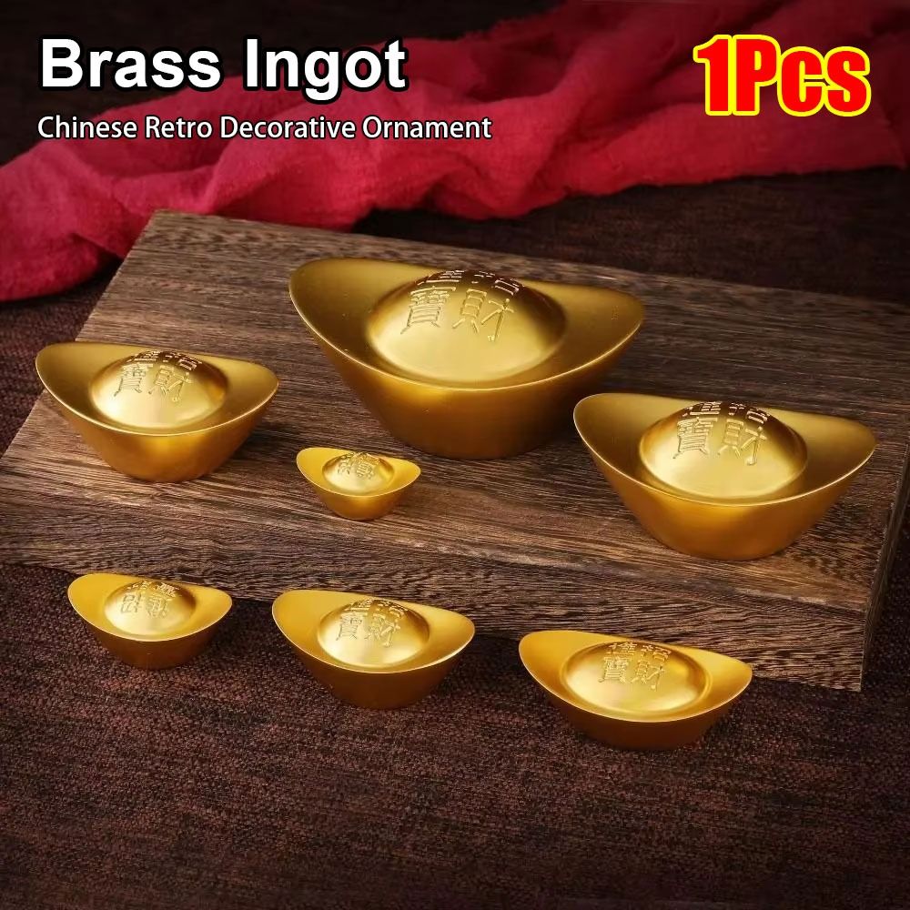 1Pcs New Chinese Style Brass Ingot Solid Retro Feng Shui Ornament Gold Yuanbao Home Office