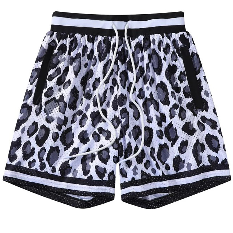 Leopard print Basketball Shorts Men Active Shorts Loose Pockets Cycling Exercise Training Running Mesh Sports Bottom Clothes