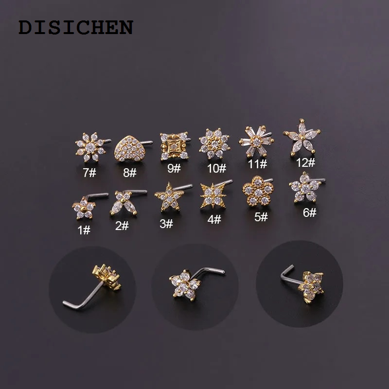 DISICHEN Hot Selling Stainless Steel Small Nose Rings Zircon Flower Heart Nose Stud 20G Body Piercing Jewelry For Women Men Gift