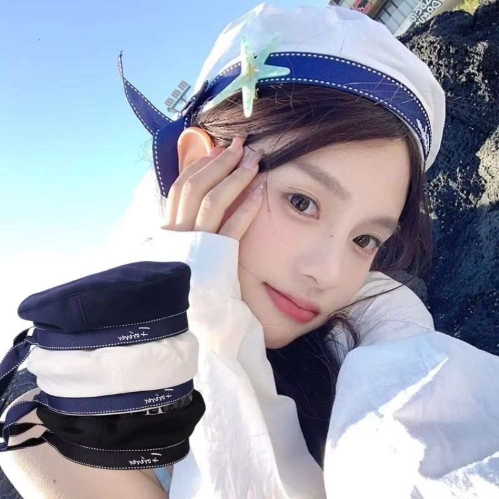 Cute Japanese Style Sailor Hat Letter Embroidery Ribbon Bowknot Beret Hat Breathable Lightweight Painter Hat for School Stage Performance