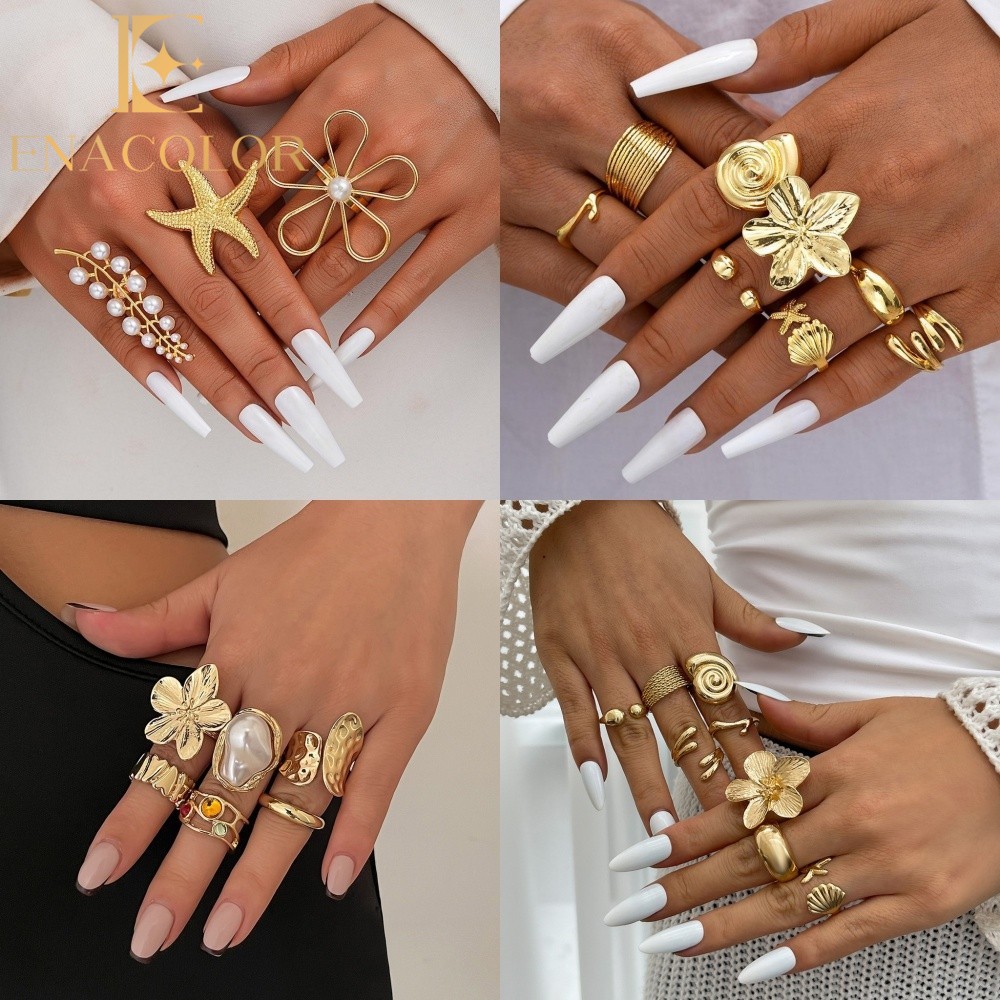 Enacolor Retro Punk Exaggerated Irregular Geometry Ring Set Gold Metal Pearl Joint Open Rings Adjust Jewelry Accessories Gifts New