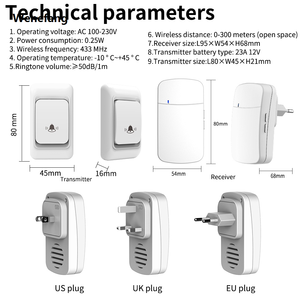 Wenefang Outdoor Wireless Doorbell Waterproof House Chime Kit 300M Remote New EU UK US Plug Home Garden Remote Welcome My Melody Door Bell