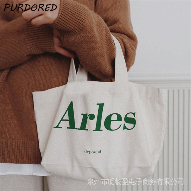 PURDORED 1 Pc New Fashion Letter Print Women Shoulder Bag Canvas Casual Small Tote Reusable Student Bag Women TR1J