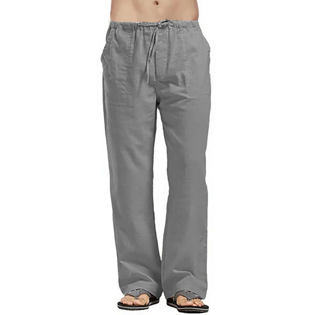 ( Dark Gray/M ) mans Linen Pants Solid Color Multiple Pockets Breathable Linen Pants Jogging Fitness Streetwear Sports Loose Casual Sweatpants Bles Online DZ-38B-17