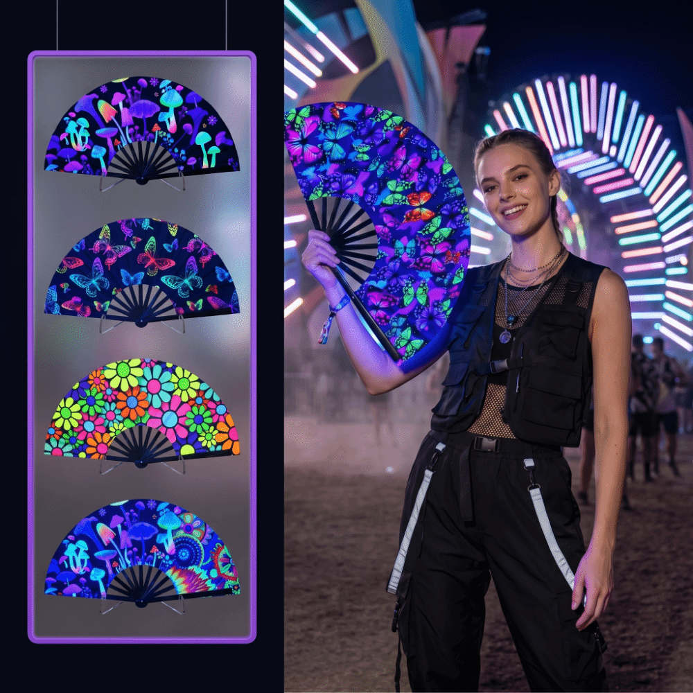 Chinese Style 33cm Rave Hand Fan UV Glow Folding Large Folding Hand Fan Fluorescent Gradient Colorful Kung Fu Fan Performance