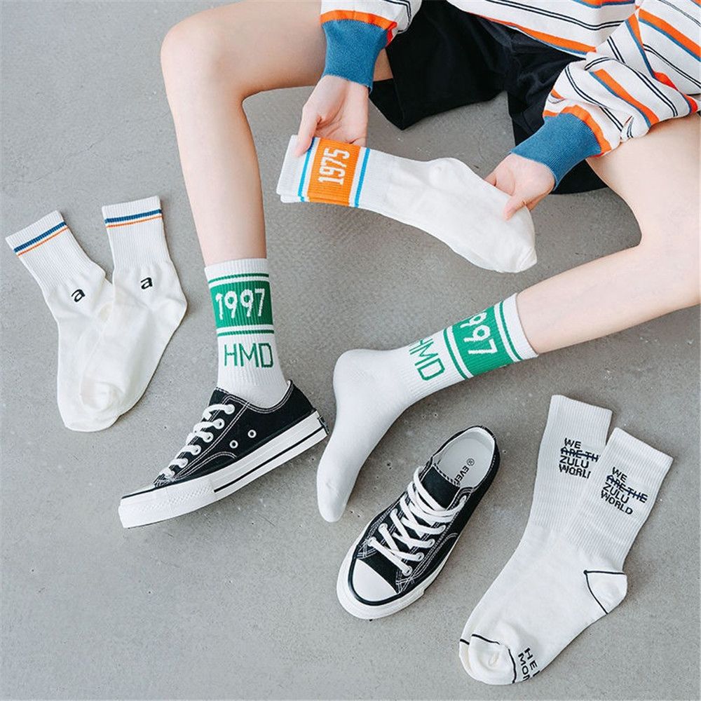 New Personality Women Men Sports Socks Striped Number Mid Socks