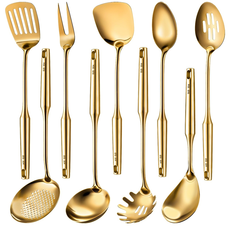 9 Pcs 304 Stainless Steel Kitchen Cooking Utensils Set-Spatula, Solid Spoon, Slotted Spoon, Fork, Ladle, Skimmer