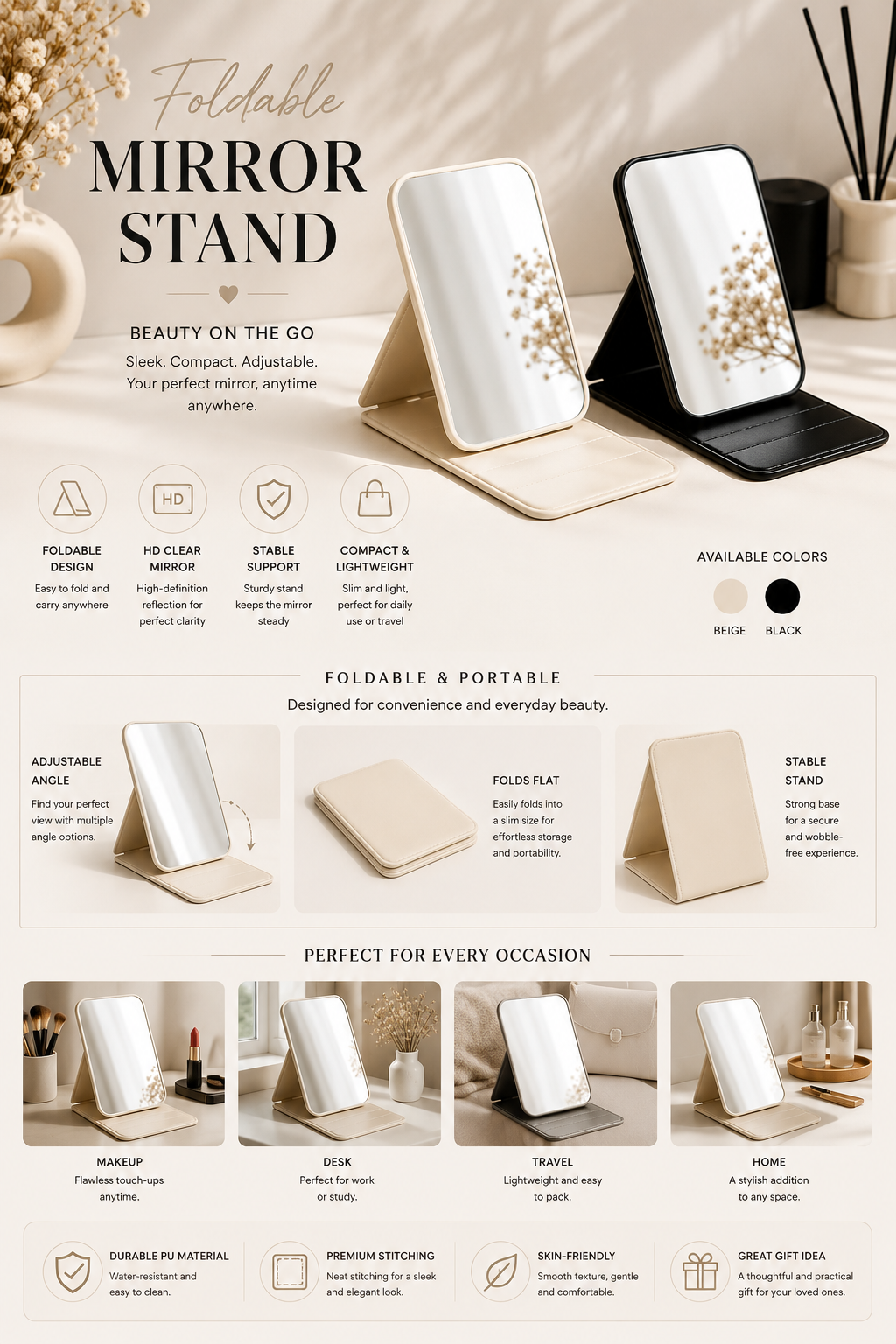 Portable Foldable Vanity Mirror: Elegant Desktop Makeup Mirror with Adjustable Stand