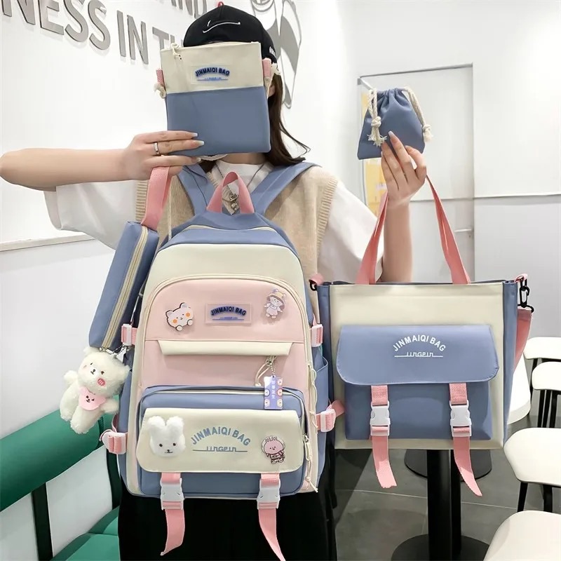 Korean Version Of Schoolbag Female New Cartoon Cute Cat School Bag Three To Six Grade Four Piece Backpack Set
