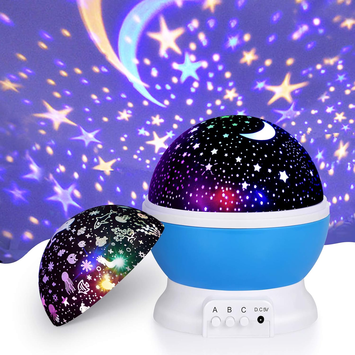 Kids Star Projector Night Light | 2-in-1 Moon Star & Undersea Ocean Projection Lamp | 8 Color Rotating LED Light | DealSpot