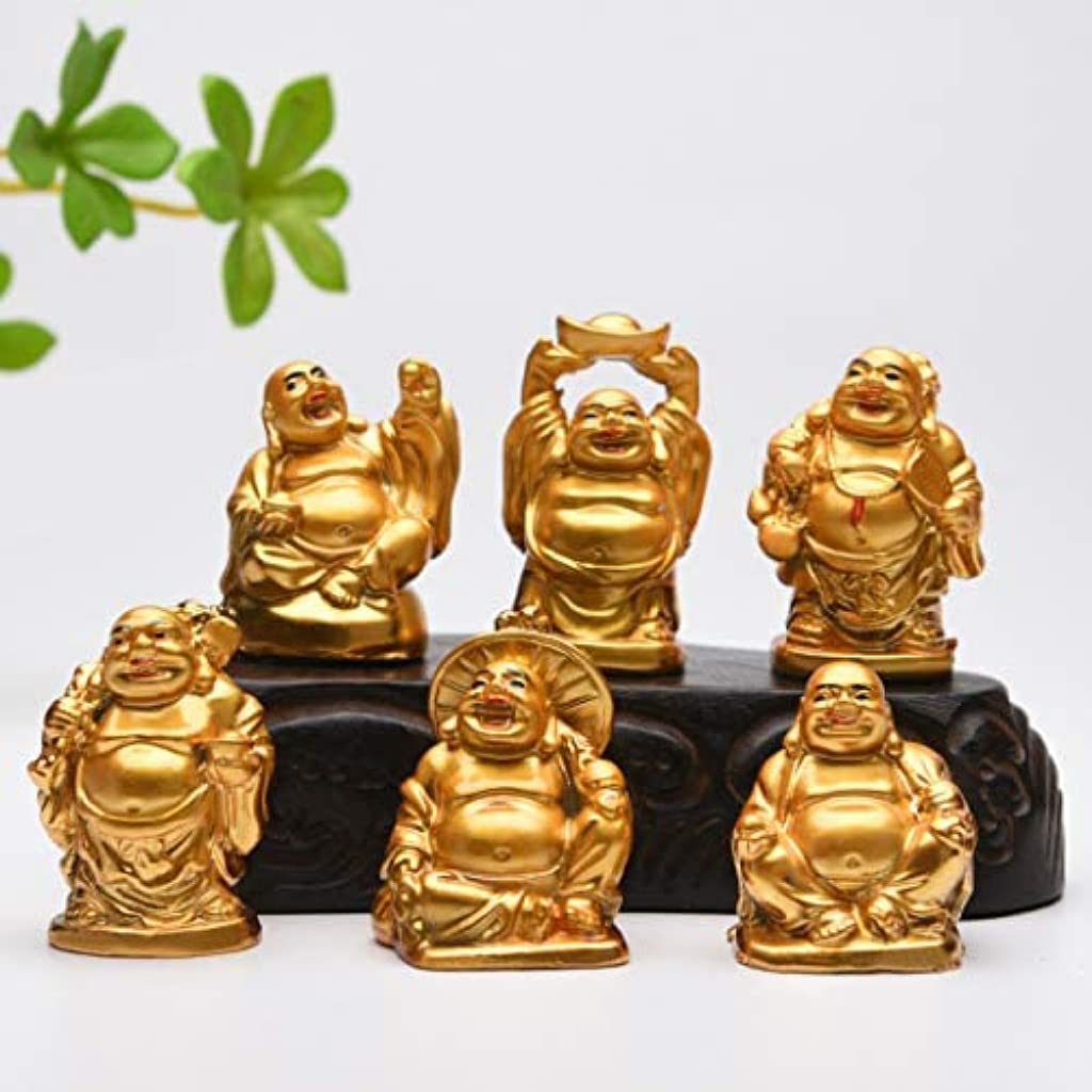 6 Piece Golden Laughing Buddha Decorative Showpiece Feng Shui / Vastu Feng, For Wealth And Success