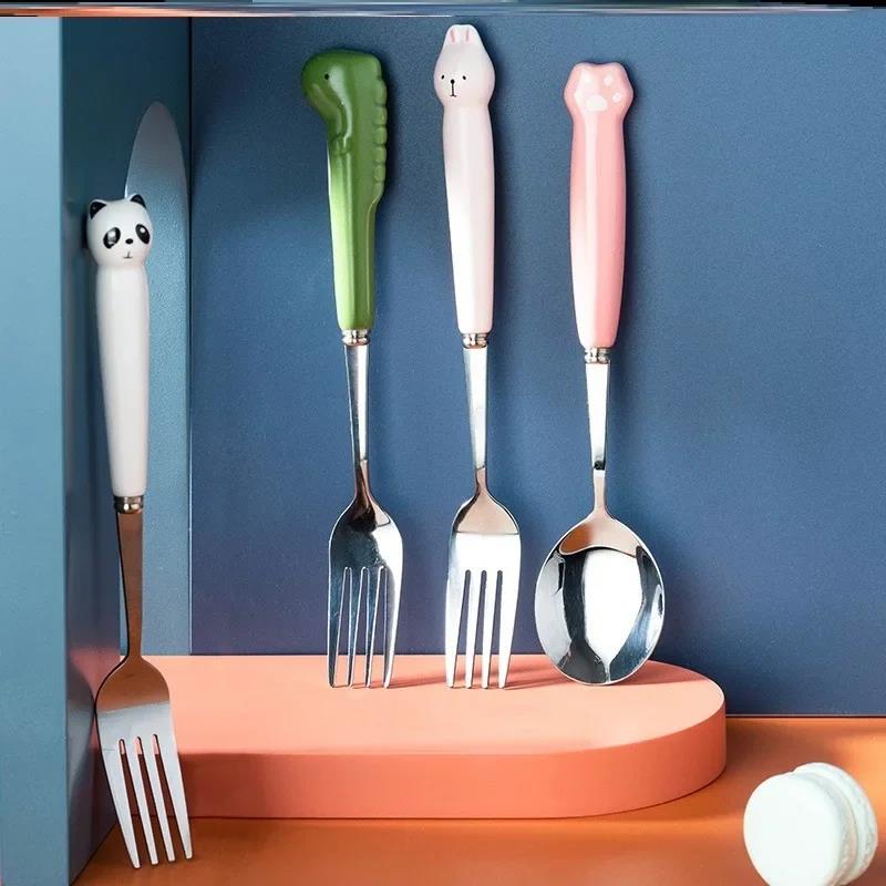 Cutlery stainless steel portable school kids set cutlery fork cartoon bear dragon spoon chopsticks cute kitchen utensils