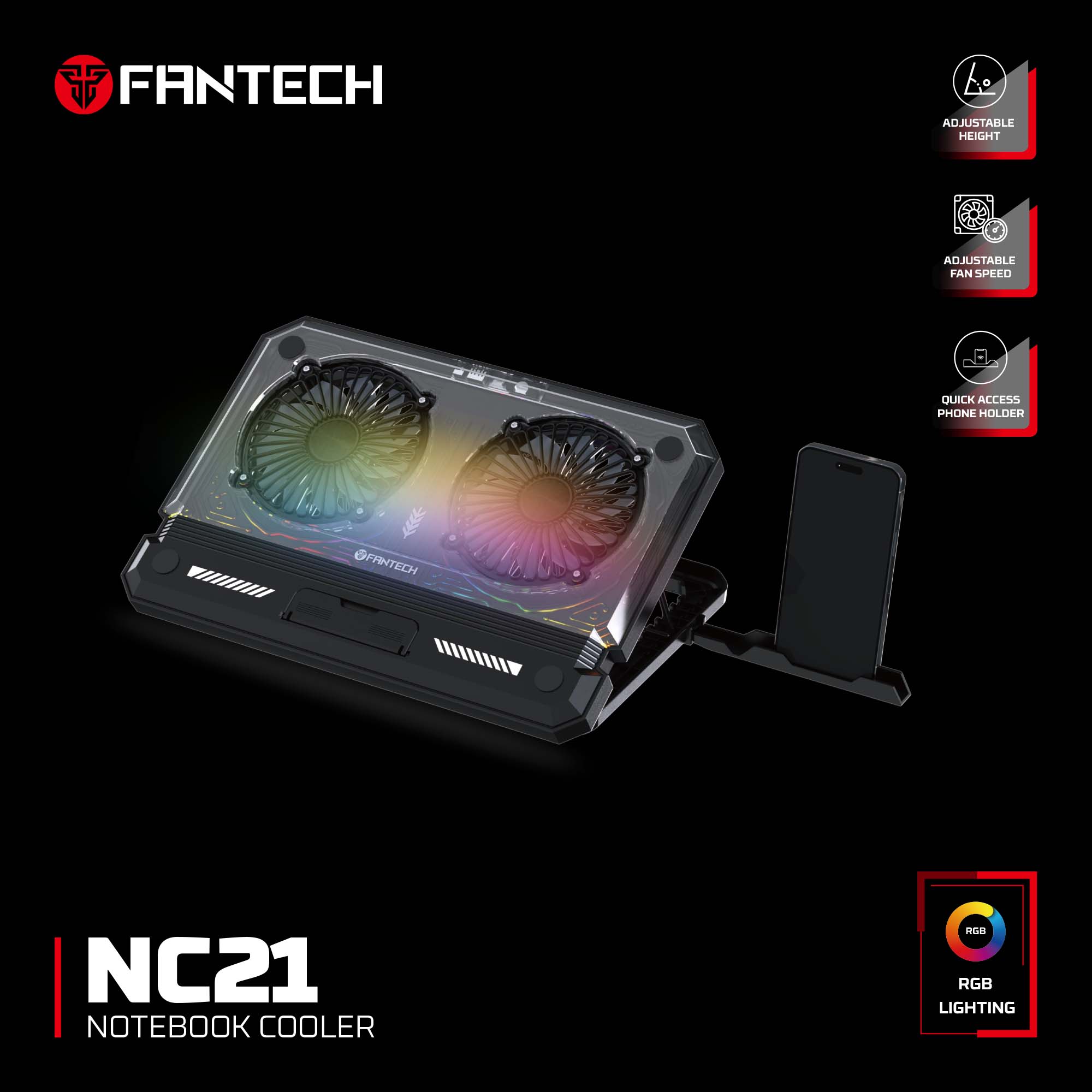Fantech NC21 Notebook Cooler Laptop Colling Pad with RGB Lighting & Quick Access Phone Holder