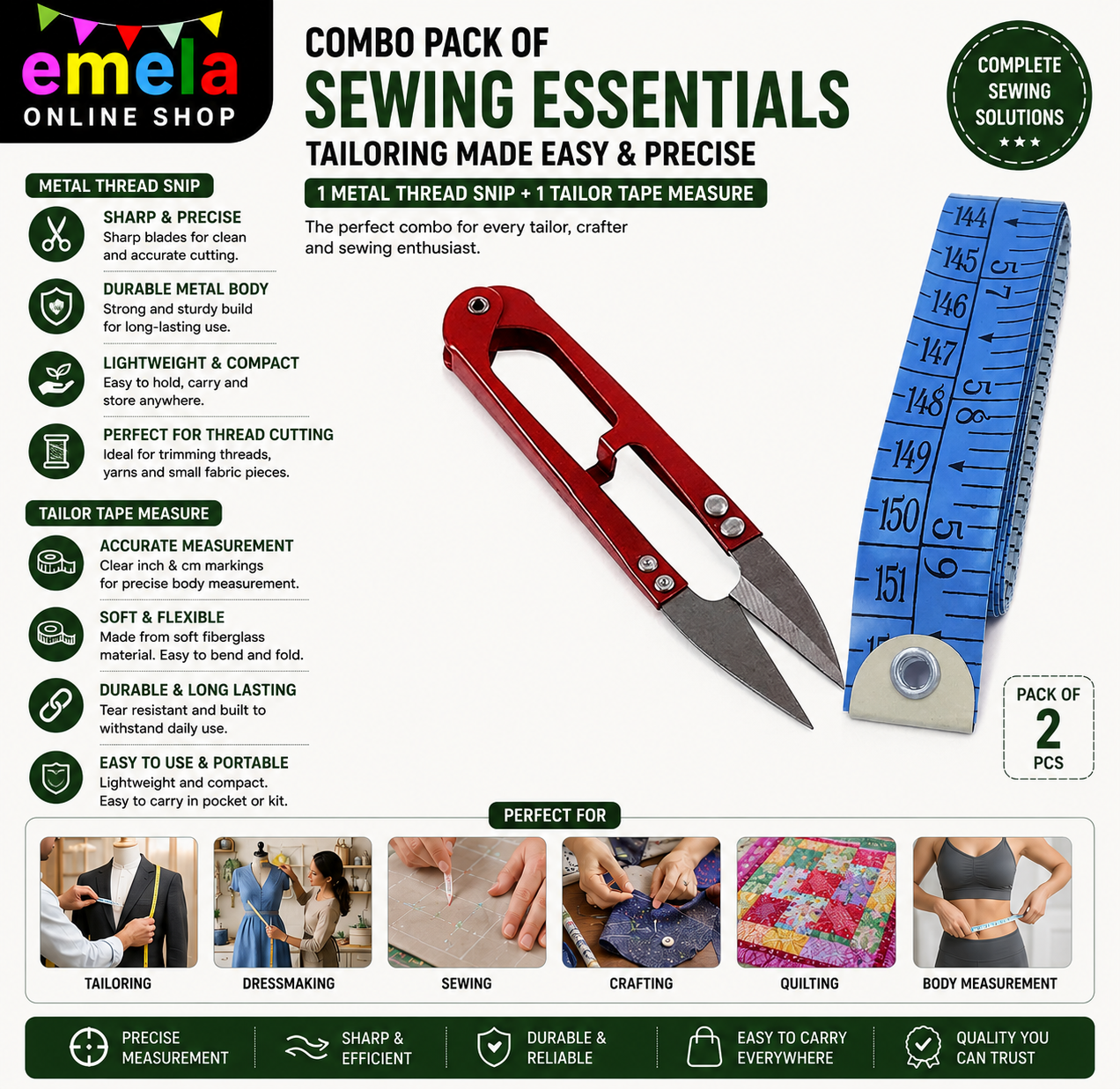 Combo Pack of 1 Metal Sewing Snips Thread Cutter Scissors and 1 Sewing Tailor Tape By Trendwave