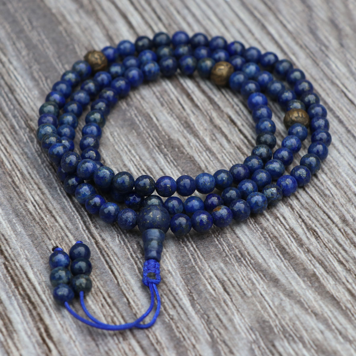 Natural Lapis Lazuli Stone Prayer Mala With Mantra Carved Bead- Lotus Handicrafts