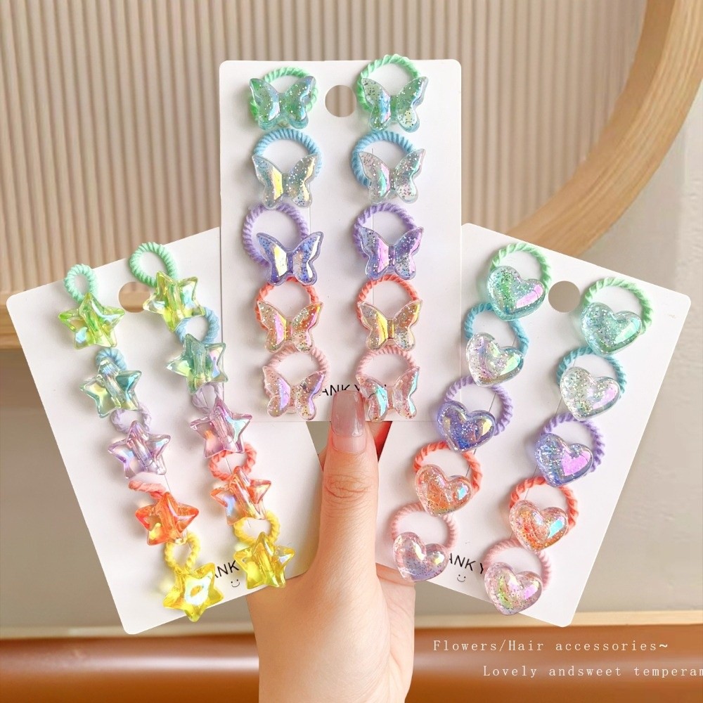 10PCS/Set New Cute Shiny Butterfly Baby Girl Hair Ropes Kids Headwear Five-pointed Star Ponytail Headflower Butterfly Heart-Shaped Glitter Hair Tie