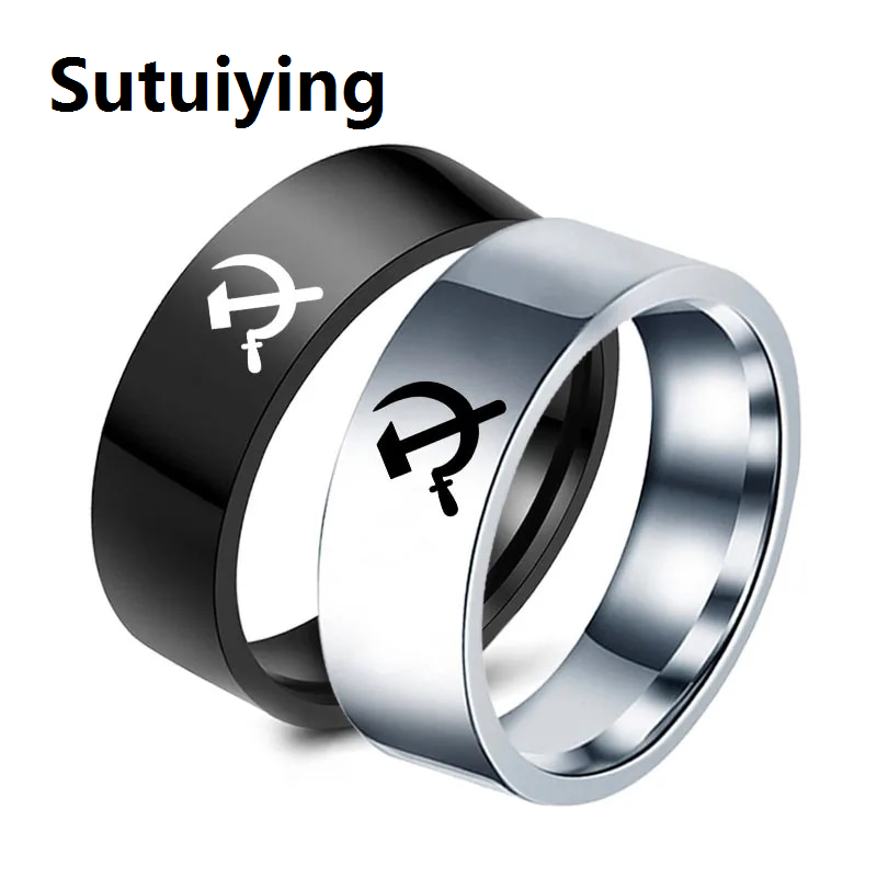 Sutuiying MOREDEAR 2020 Fashion Jewelry Hammer and Sickle Ring Titanium Steel Rings 8mm Men's Ring Cocktail Ring for Anniversary Gift