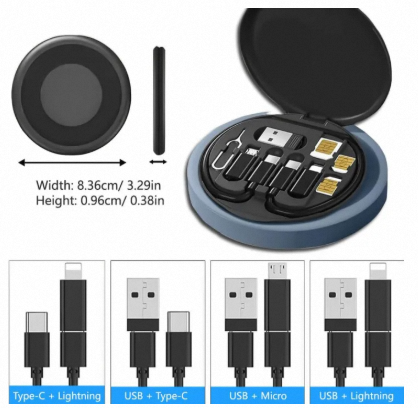 60W Multi-Functional Fast Charging Cable Set & Storage Box - Type-C to Type-C, Micro USB, Lightning Connectors - Built-in Phone Stand, SIM Trays & Ejector Pin - Universal Portable Travel Kit Case