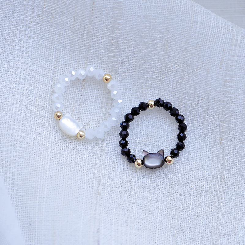 【Best Price Guaranteed】Warm Cute Beaded Black Cat Shell Ring Women's Crystal Beans Ring Niche Design Ins Light Luxury Simple Hand