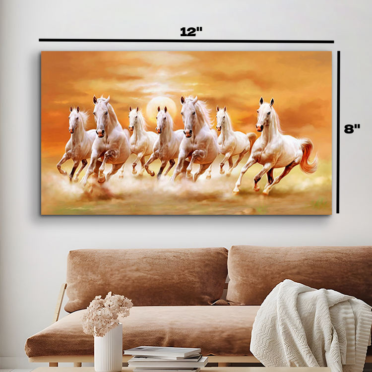 Single Panel Seven White Horse Canvas Morning Matte Cotton Print