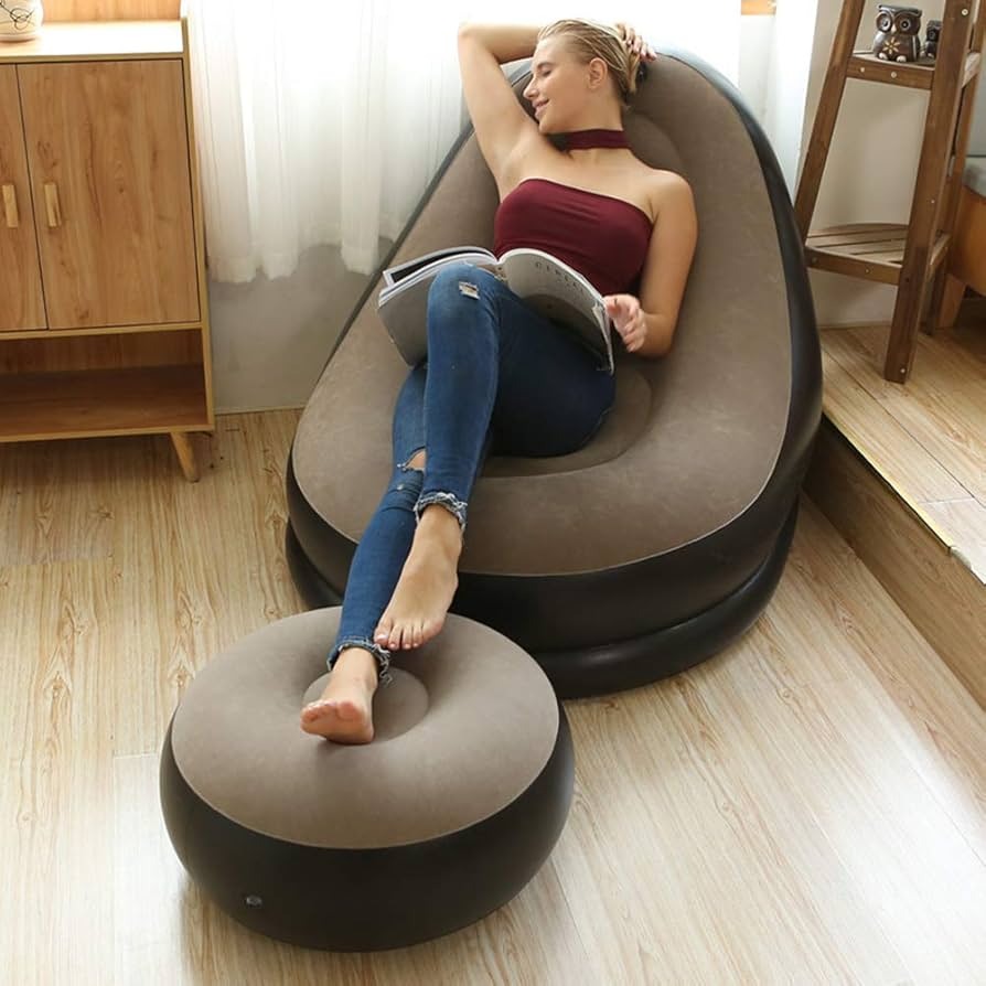 Inflatable Lazy Sofa Chair with Footrest Portable Lounger for Home Beach Camping Outdoor Travel Comfortable Relaxation Recliner