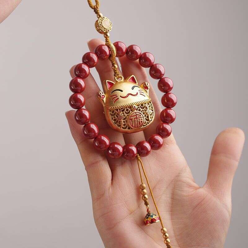 Cute Natural Cinnabar Lucky Cat Pendant Rearview Mirror Ornament Car Interior Female Style for Safety
