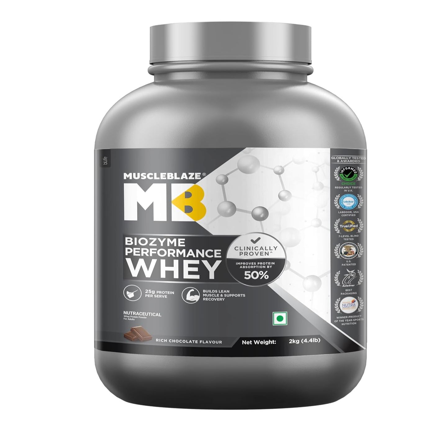 MuscleBlaze Biozyme Performance Whey Protein 2kg Chocolate Flavor Labdoor USA Certified with 25g Protein 11.75g EAA 5.5g BCAA 4.4g Glutamine