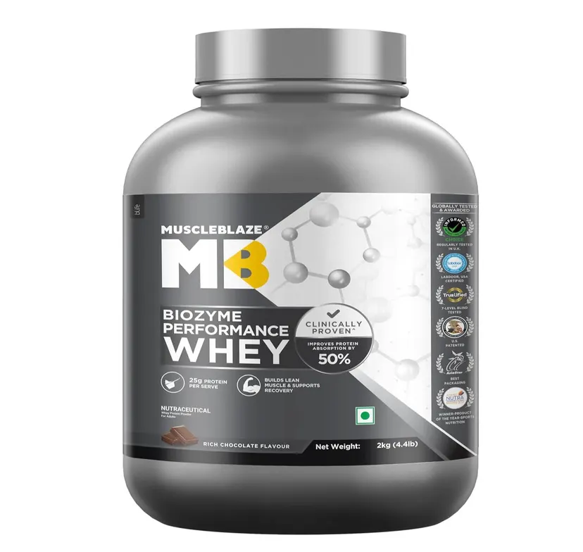 MuscleBlaze Biozyme Performance Whey Protein 2kg Chocolate Flavor Labdoor USA Certified with 25g Protein 11.75g EAA 5.5g BCAA 4.4g Glutamine