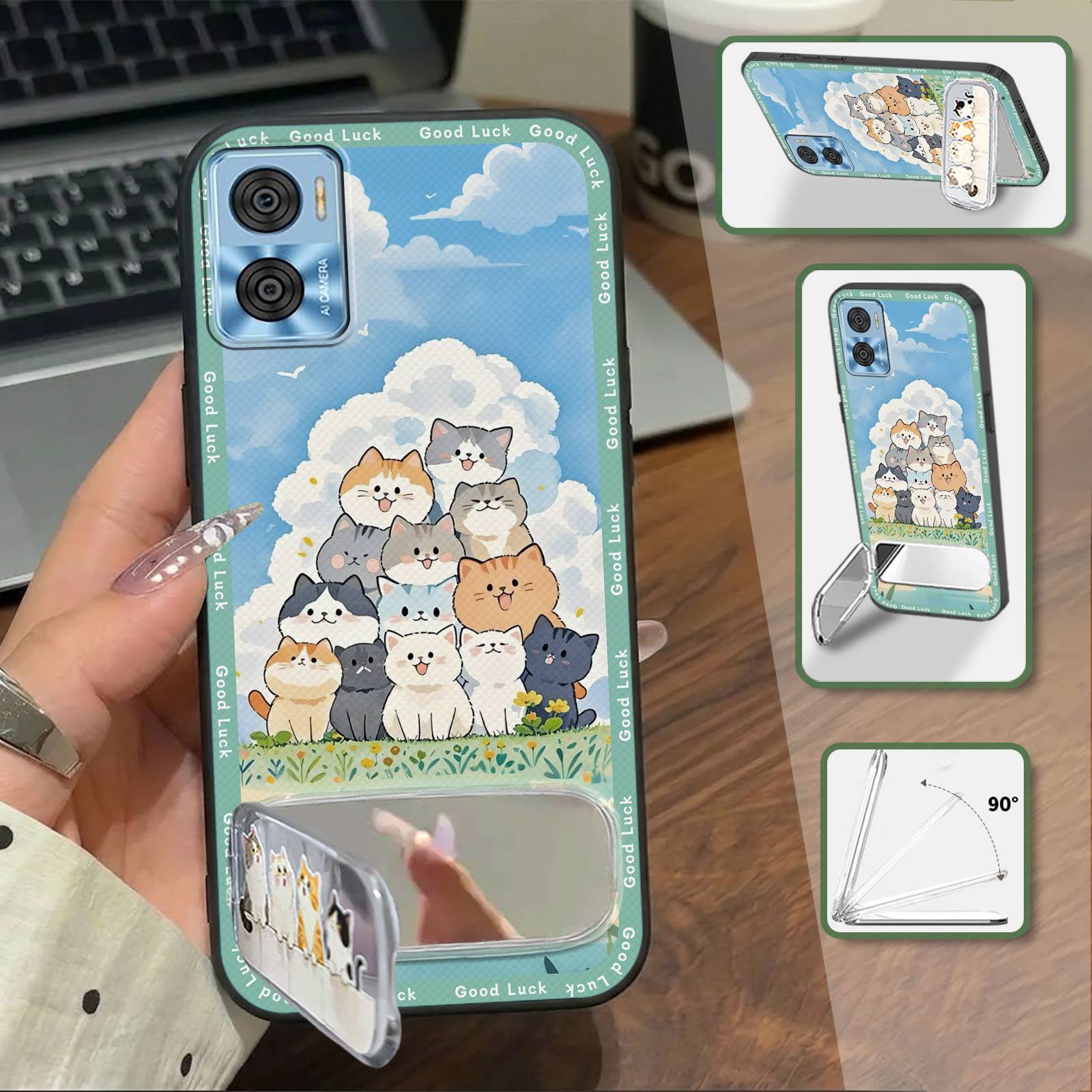 Makeup Mirror Shockproof Phone Case For MOTO E22/E22i Protective Waterproof Silicone Soft case Plush Cartoon Kickstand