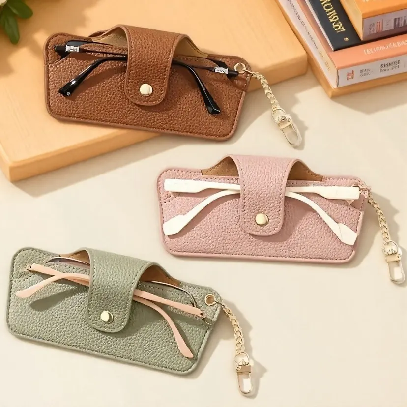 Pouch PU Glasses Case with Bag Pendant Chain Sun Glasses Spectacle Case Snap Button Solid Color Eyewear Protector Sun Glasses