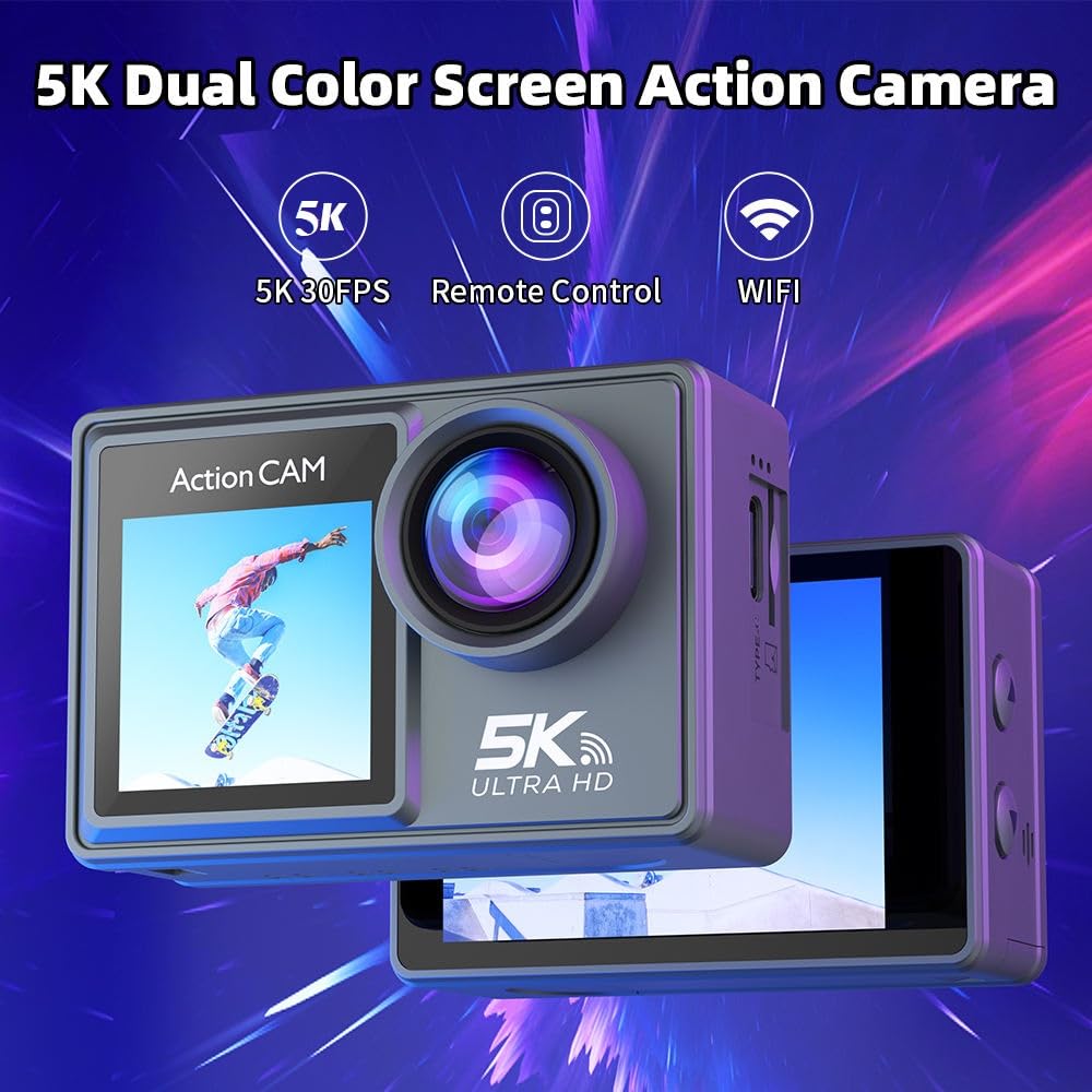 5K Ultra HD Dual WiFi Action Camera with Touch Dual Screen,