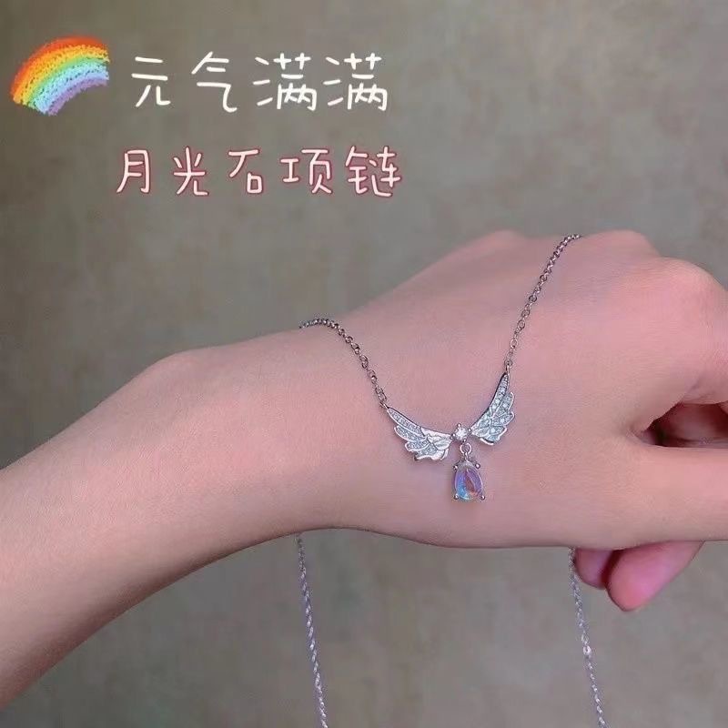 【New arrivals】Angel Wings Design Necklace Women's Moonstone Light Luxury Simple Fairy All-match Beautiful Clavicle Chain