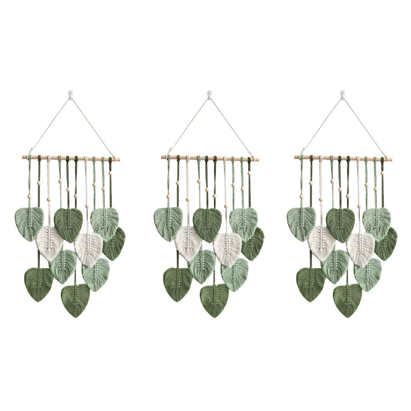 OUMERY 3X Leaf Macrame Wall Hanging Boho Room Home Decor Woven Aesthetic Wall Tapestry Home Room Wedding Decoration Green