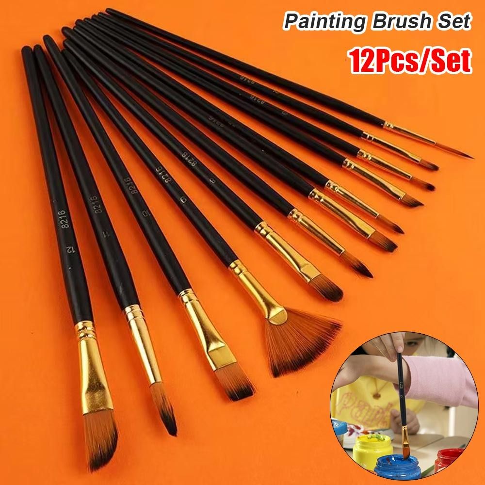 12Pcs/Set New Nylon Hair Painting Brush Set Acrylic Materials Watercolor Gouache Oil Painting Brush Short Wood Rod Multi-functional Drawing Supplies