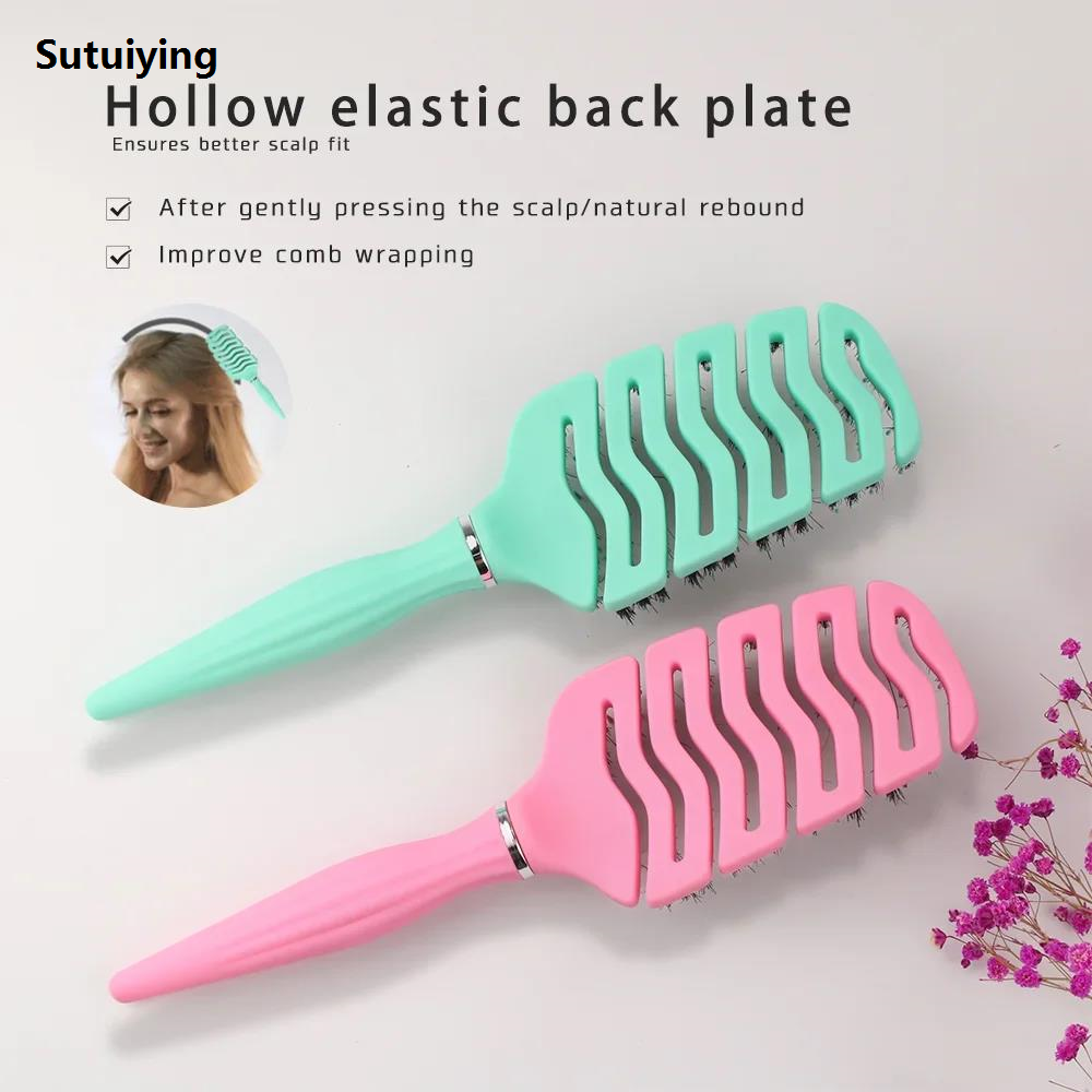 Sutuiying 1pcs Curved Vented Boar Bristle Comb Professional Scalp Massage Hot Selling Comb Detangled Curl Anti-static Hairbrush Salon Styling Tool