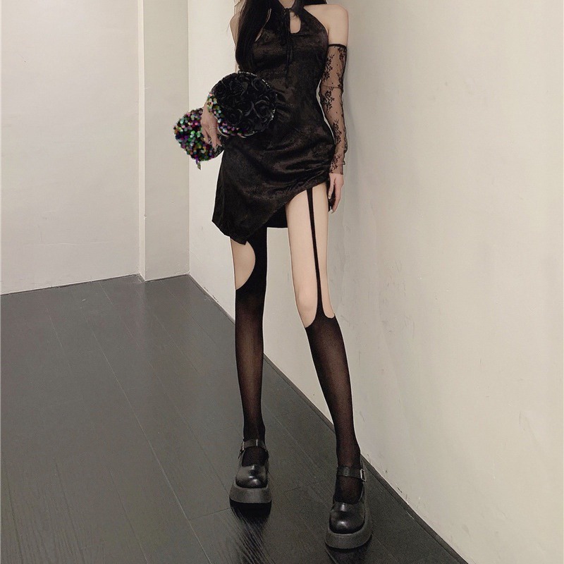 Asymmetrical suspender black silk stockings feminine sense of hole hollow fishnet stockings summer thin pure desire white silk pantyhose