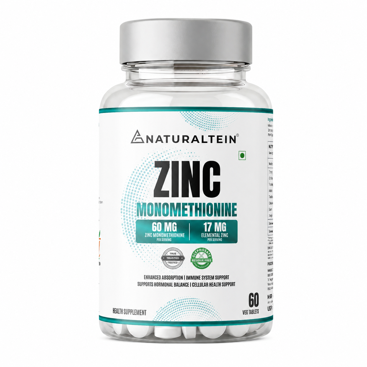 Naturaltein Zinc Monomethionine- 60 Tablets For Maintaining a Healthy Immune System, Skin Repair, Cognitive Function & Overall Well-Being