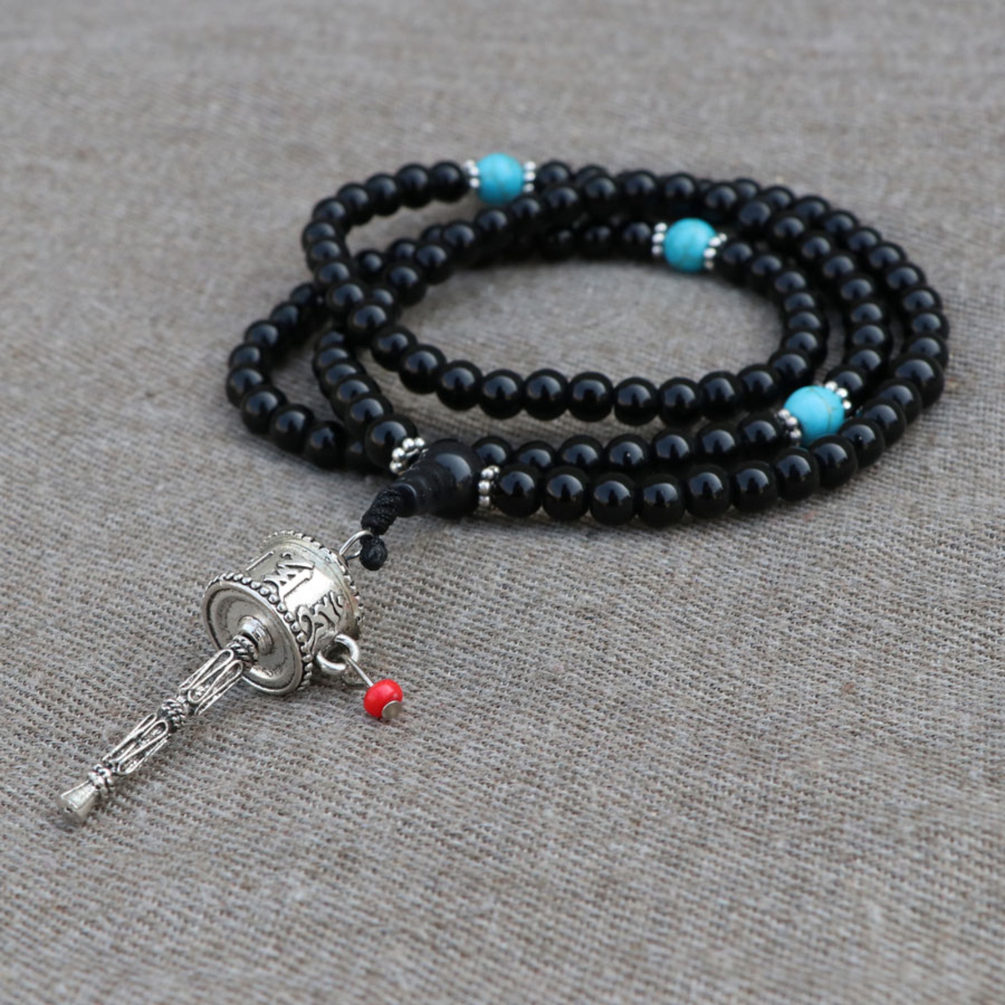 Prayer Wheel Black Onyx Stone Mala, Crystal, Gem Stone- Lotus Handicrafts