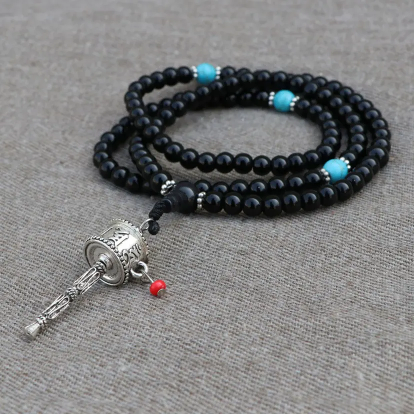 Prayer Wheel Black Onyx Stone Mala, Crystal, Gem Stone- Lotus Handicrafts
