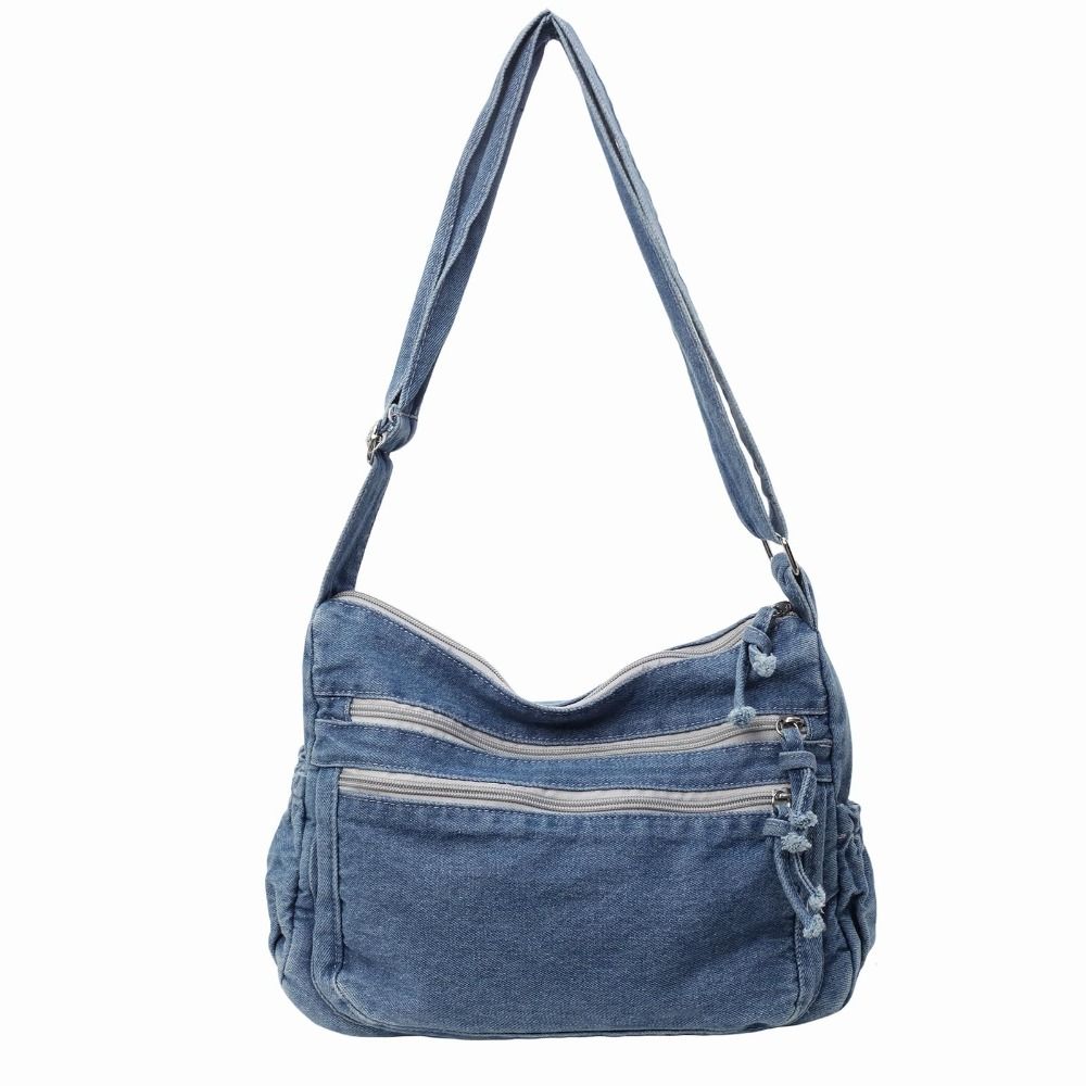 Retro Denim Women Crossbody Shoulder Bag Solid Color Large Capacity Tote Handbags Multi-pockets Zipper Sling Bag