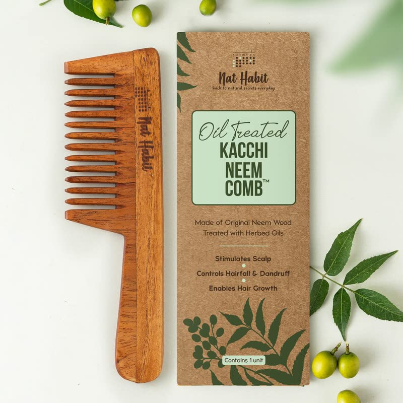 Nat Habit Kacchi Neem Wooden Comb - Detangling, Frizz Control & Shine - Suited For All Hair Types (Wide Tooth Handle Comb)
