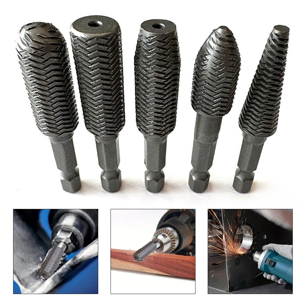5Pcs/Set Durable 1/4inch Hex Shank Rotary Rasp File Super Hard 6.35mm Hexagonal Handle Grinding Burrs High Precision Steel Engraving Drill Bits Metal Wood Grinding