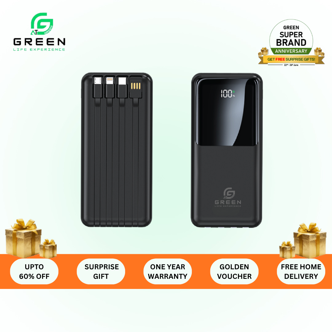 Green Turbo-20 | 20000mAh Fast Powerbank | 22.5W | PD Fast Charging | Attached Wire | Digital Display | Six Months Warranty | QC 3.0 | Two Way Fast Charging | Triple Ports Output | Double Ports Input | Portable Powerbank | Black& White Colors