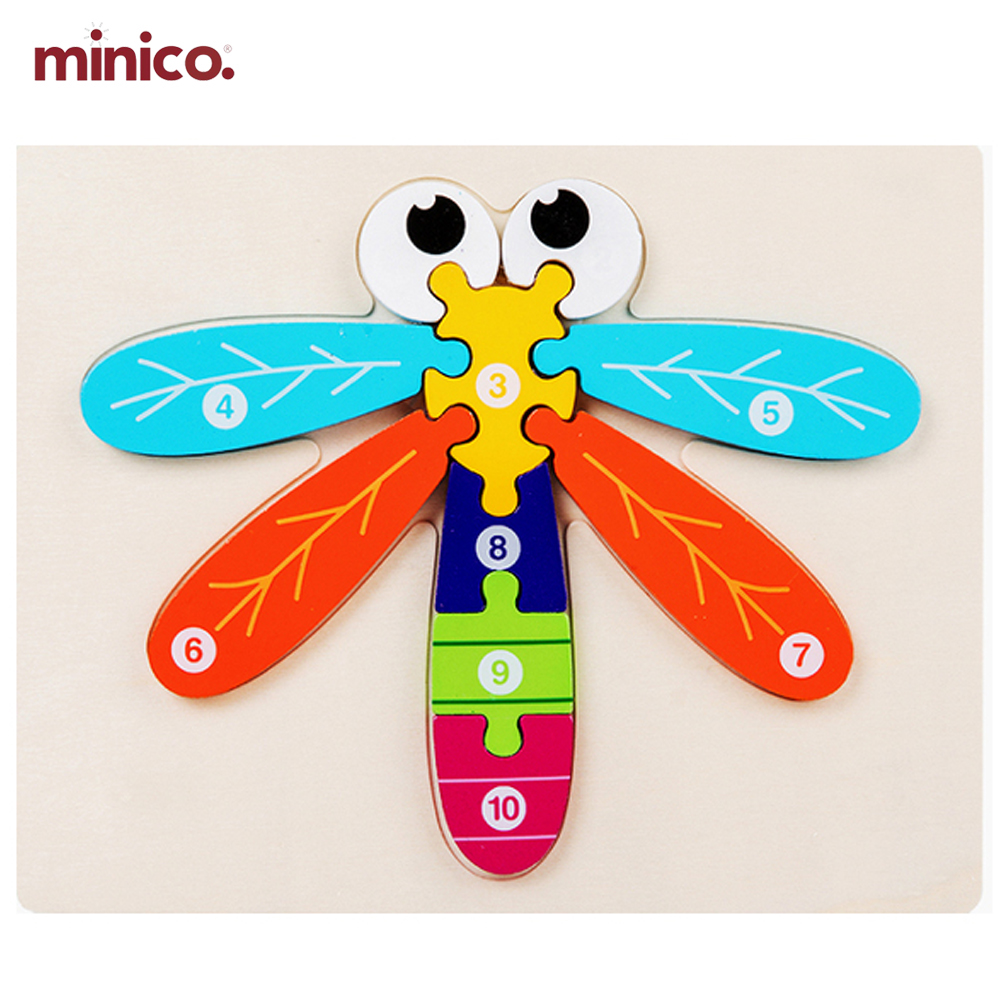 Colorful Wooden Dragonfly Shaped Number Puzzle - Montessori Counting & Fine Motor Toy for Baby, Toddlers & Preschool Kids - STEM Early Learning Game