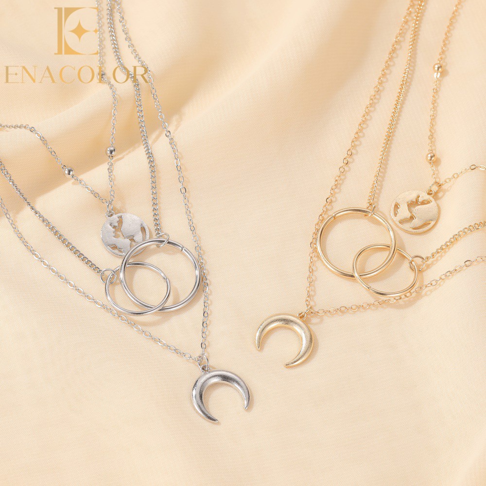 Enacolor Fashion Multilayer Metal Map Moon Pendant Necklace for Women Girls Fashion Accessories