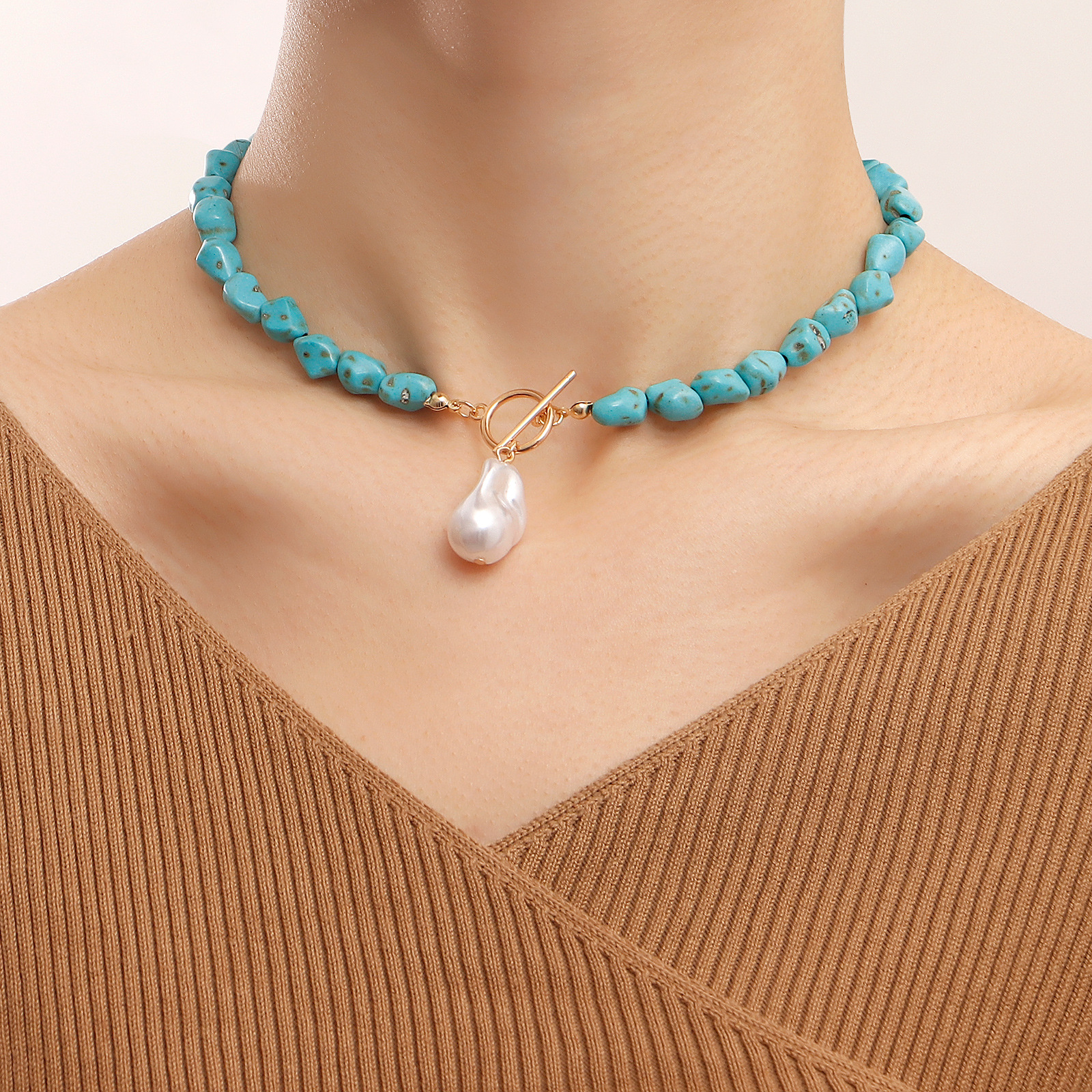 【New arrival】Jewelry Irregular Natural Turquoise Special-Shaped Pearl Pendant Necklace Women's Handmade Personalized Necklace
