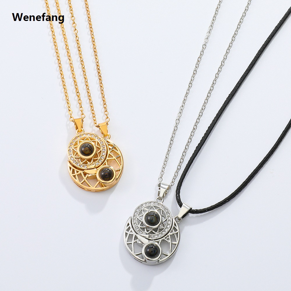 Wenefang 2PCS Magnetic Couple Matching Necklace 100 Languages I Love You Projection Sun Moon Heart Shape Magnet Paired Pendant Lover Gift