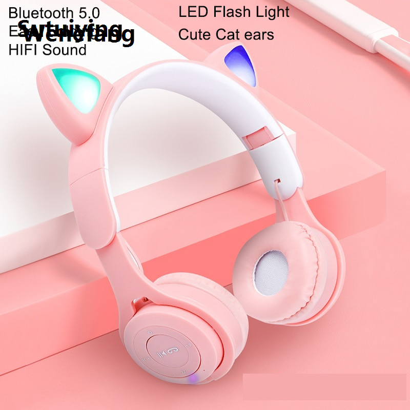Wenefang Sutuiying Wireless Headphones Earphones Flash Light with Mic LED Kids Girls Bargain price New Stereo Phone Music Cute Cat Ear Bluetooth Headset Gamer Gift