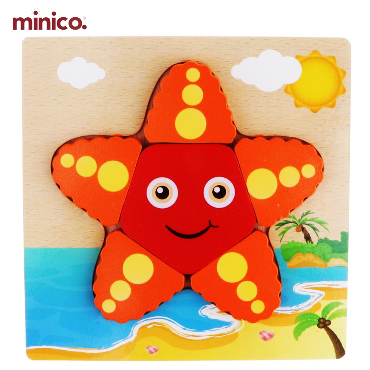 Minico Wooden Starfish 3D Puzzle - Montessori Educational Toy for Toddlers - Chunky Jigsaw Shape Sorter for Early Learning & Fine Motor Skills - Safe & Non-Toxic